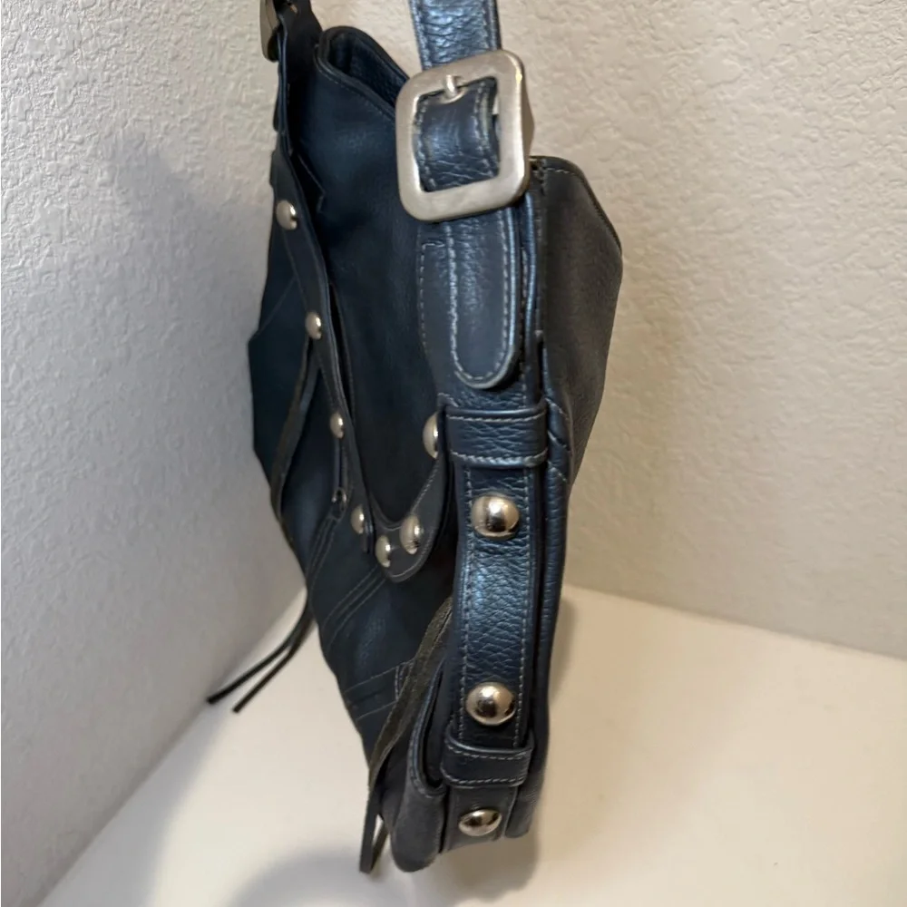 Botkier TRIGGER Mermaid Blue Moto Leather Hobo Shoulder Bag Studded Fringe